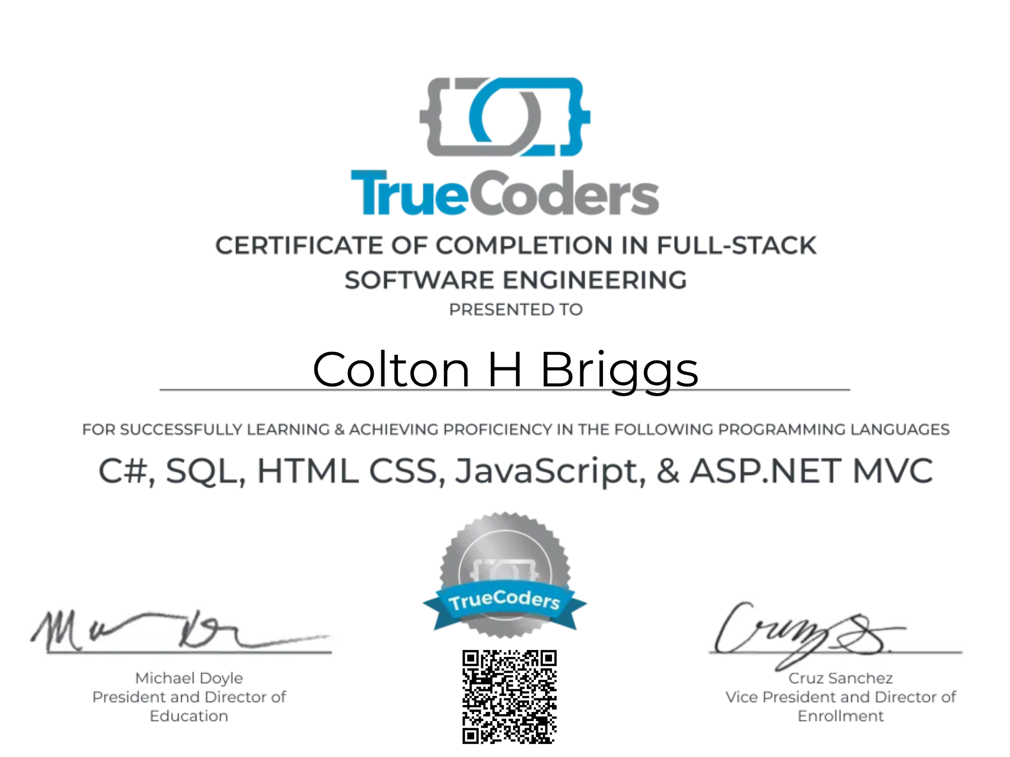 TrueCoders Certificate